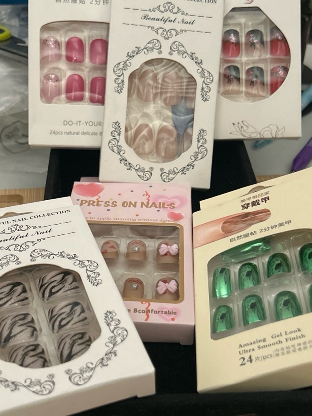 Press-On/ Glue on Nail Set - Pink & Green Assorted Designs